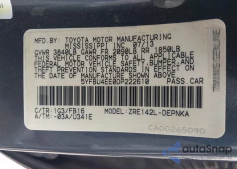 2013 Toyota Corolla Le from USA, damaged, VIN 5YFBU4EE0DP222610